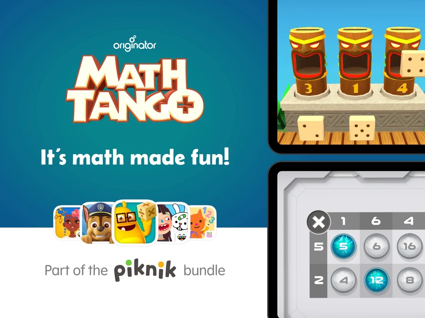MathTango: Math Games for Kids, panel 1: Two math game previews accompany bundle branding.