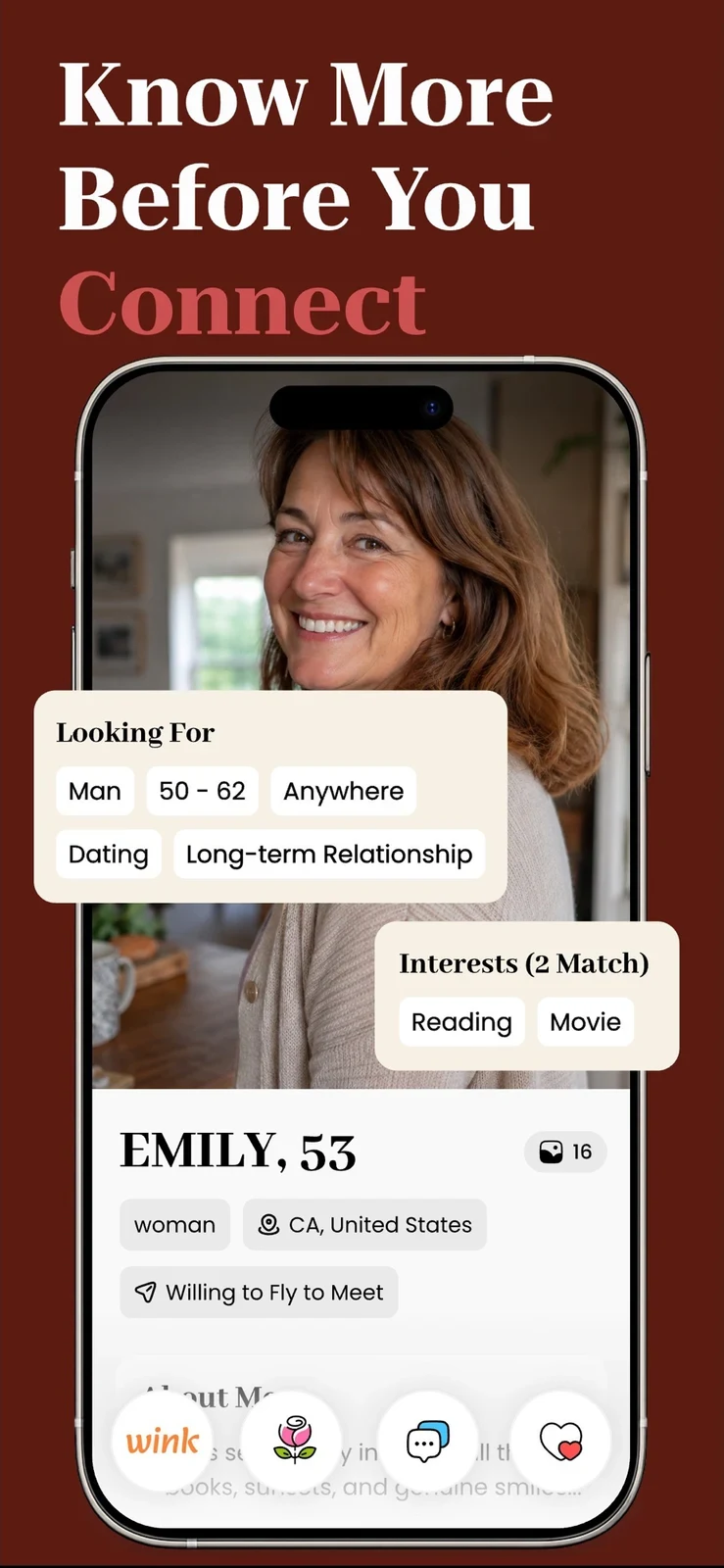 SeniorMatch® - Dating Over 50, panel 3: Profile details include location and travel goals.
