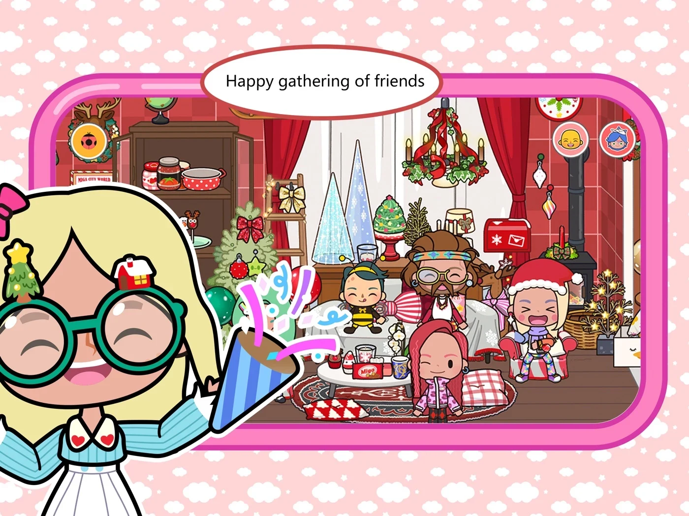 Miga Town: My World, panel 2: A gathering scene contains several characters.