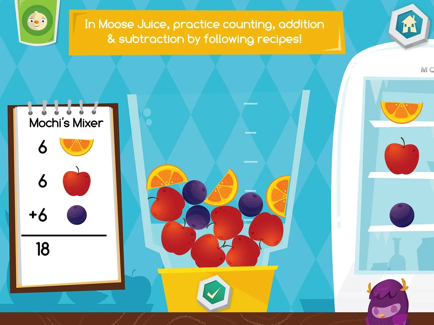 Moose Math - Duck Duck Moose, panel 1: A fruit recipe illustrates 6 + 6 + 6 = 18.