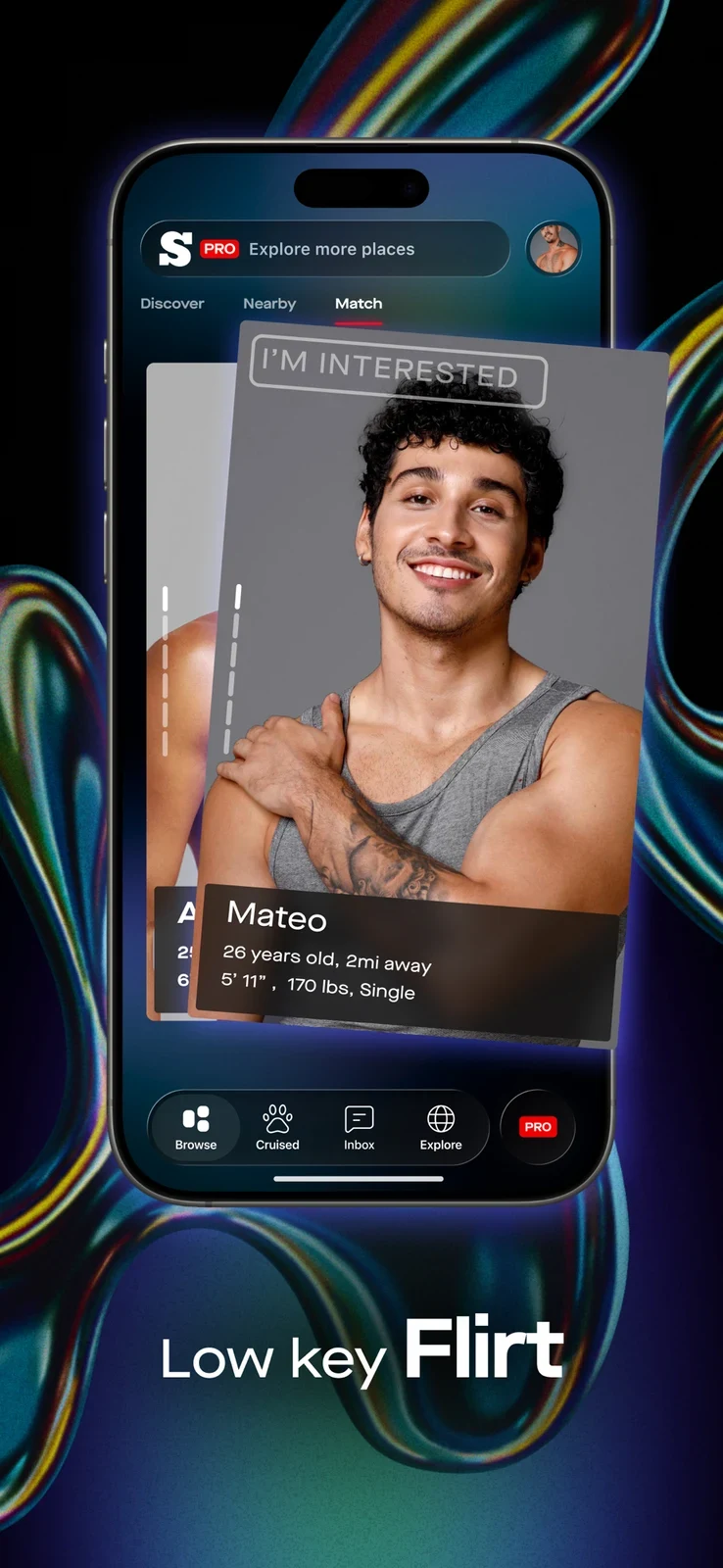 SCRUFF - Gay Dating & Chat, panel 3: A match card shows an interest action and distance.
