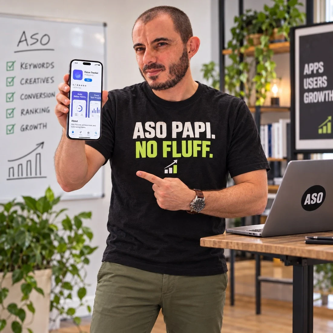 Gabriel demonstrating an app while working beside his laptop
