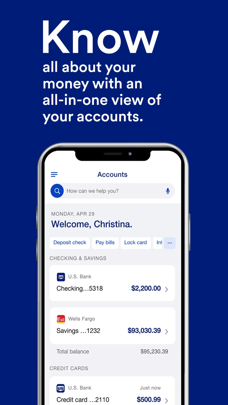 U.S. Bank, panel 1: A repeated oversized opening word leads into an account overview.