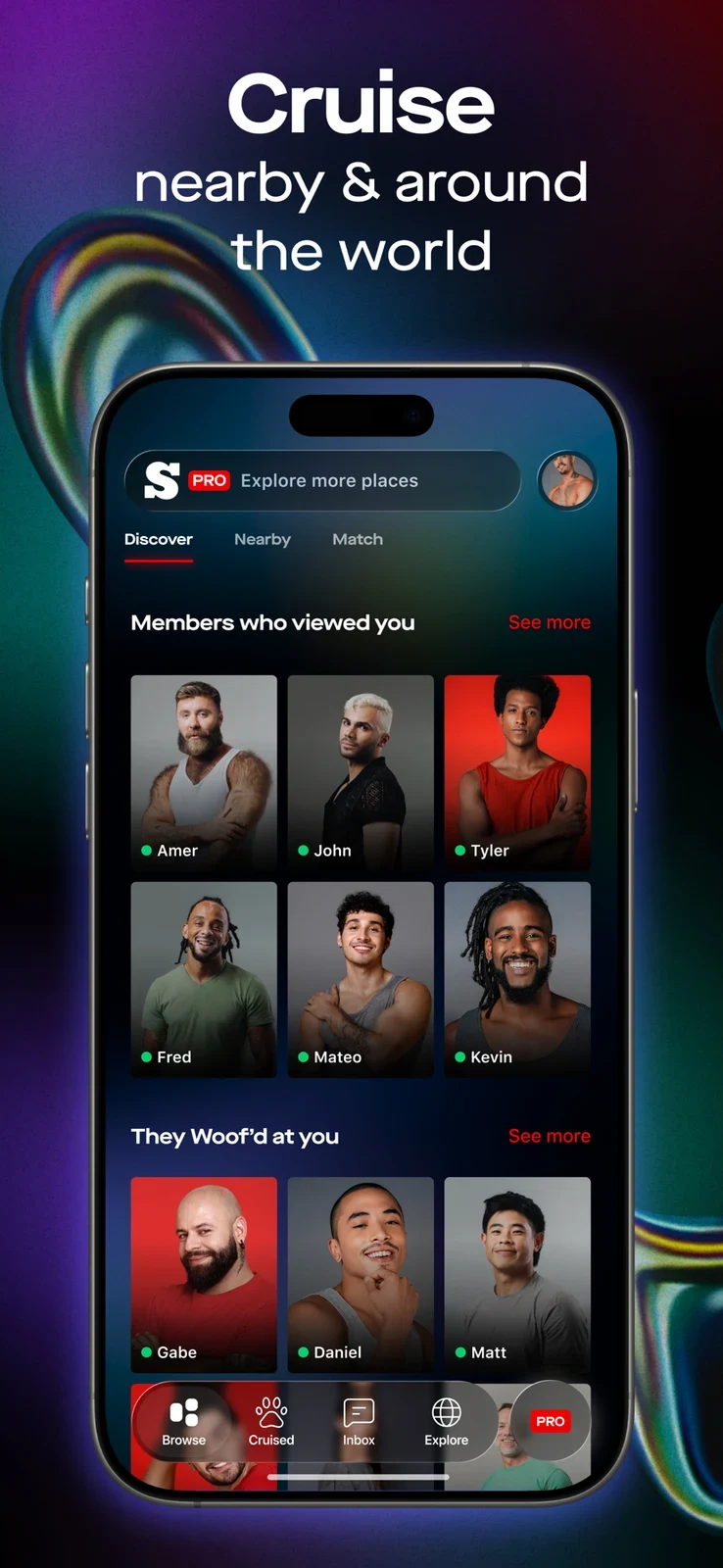 SCRUFF - Gay Dating & Chat, panel 2: A discovery grid shows location-based browsing.