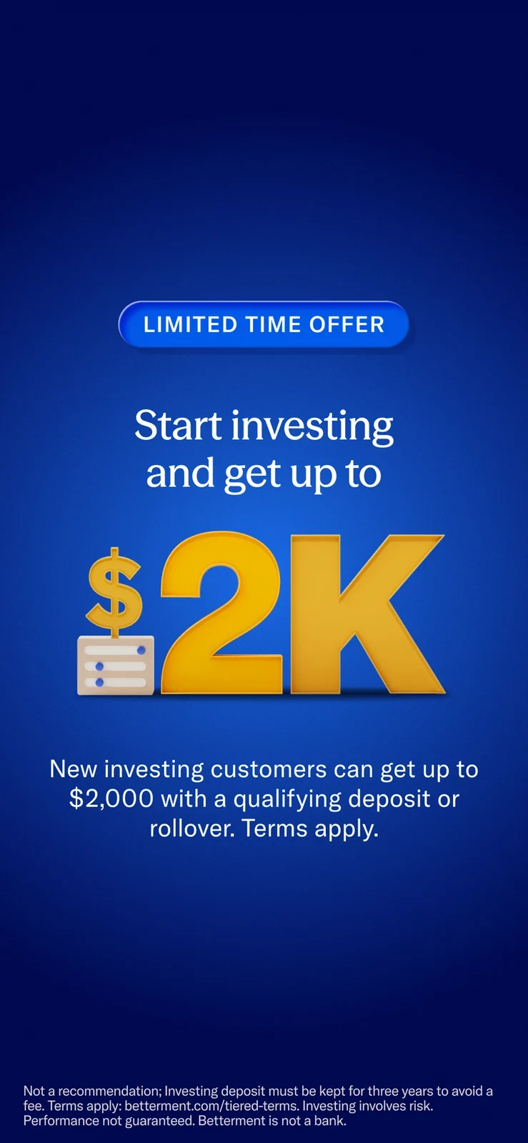 Betterment, panel 3: A promotional panel emphasizes a conditional new-customer offer.