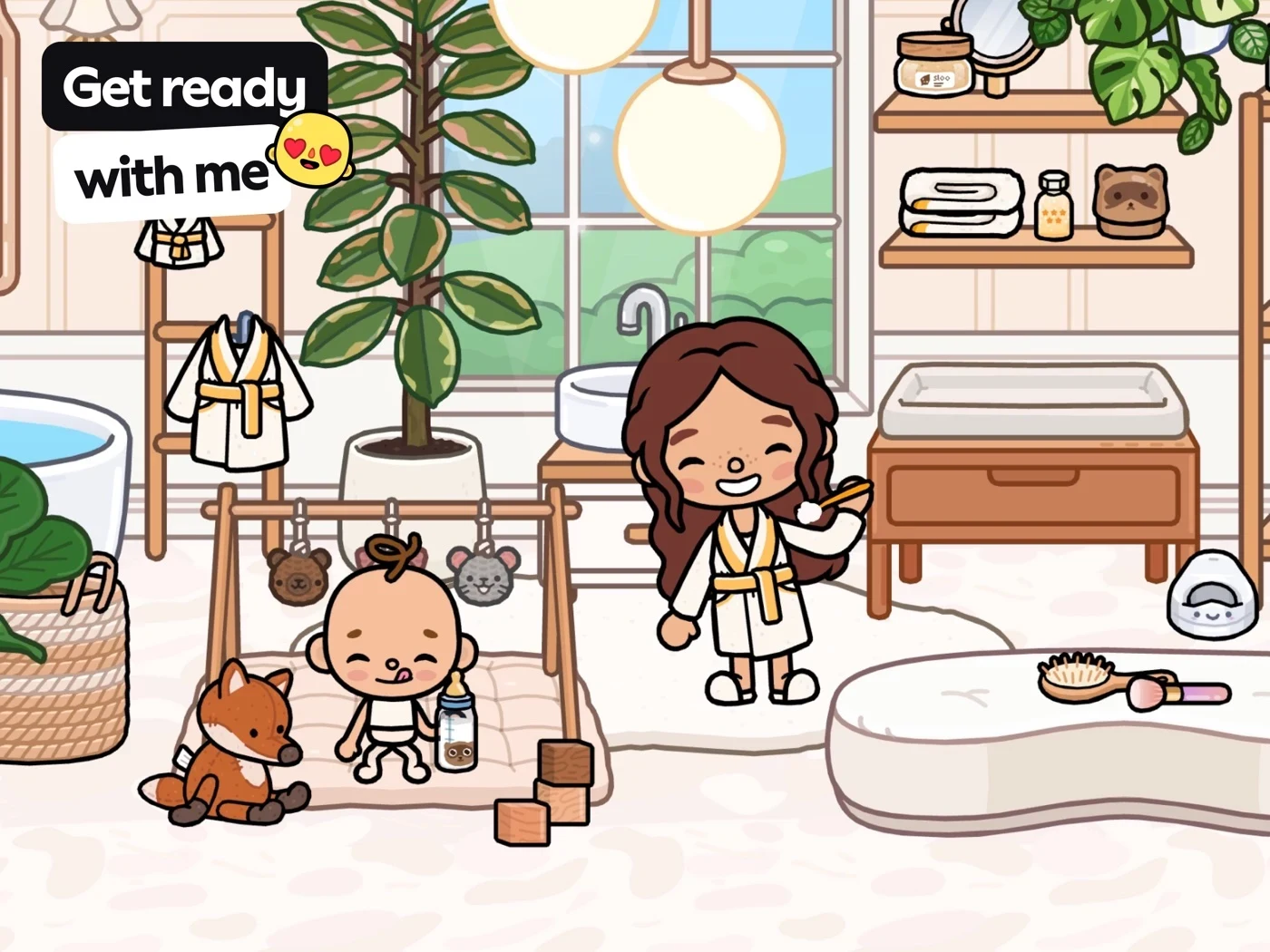Toca Boca World: Game & Play, panel 1: A getting-ready scene shows characters and household objects.
