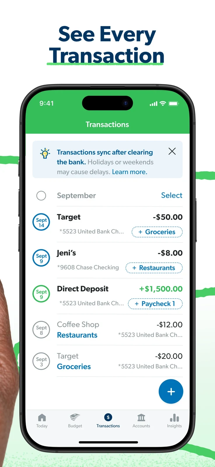 EveryDollar: upright transaction list with bank-clearing delay explanation