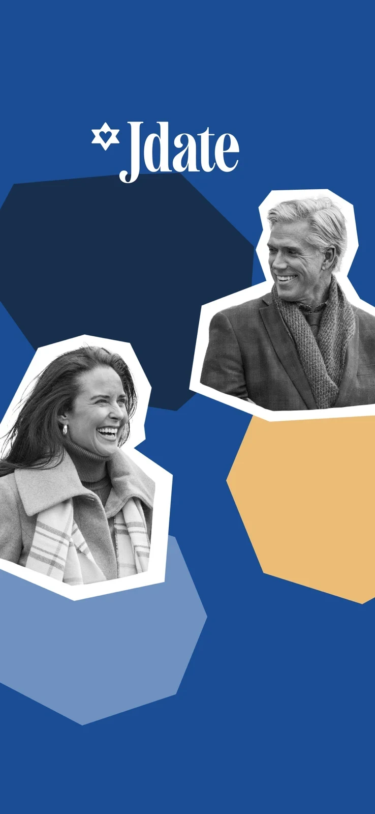 Jdate: Jewish Dating App, panel 1: A brand frame introduces lifestyle portraits.