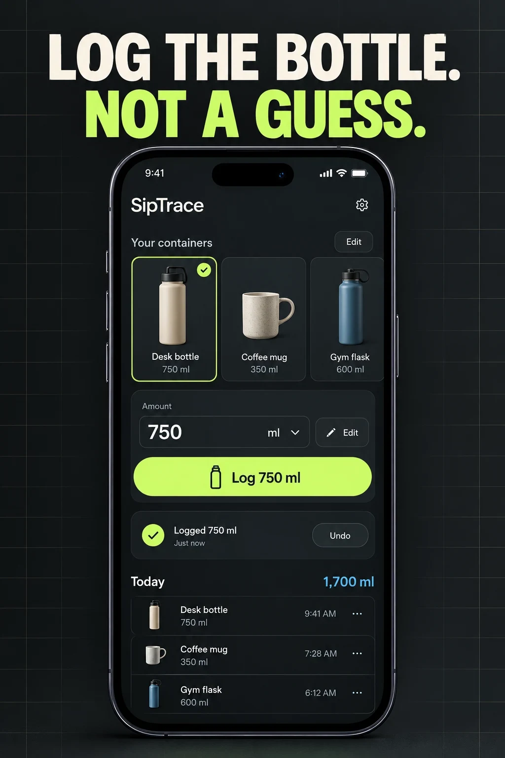 Fictional SipTrace custom-bottle logging concept