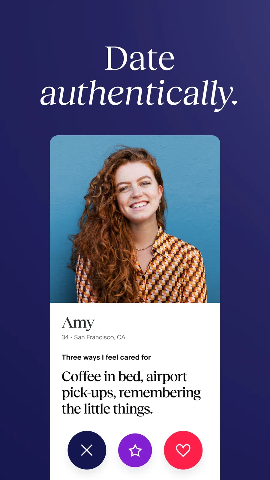Match Dating App: Chat & Meet, panel 1: A profile answer accompanies a broad authenticity headline.