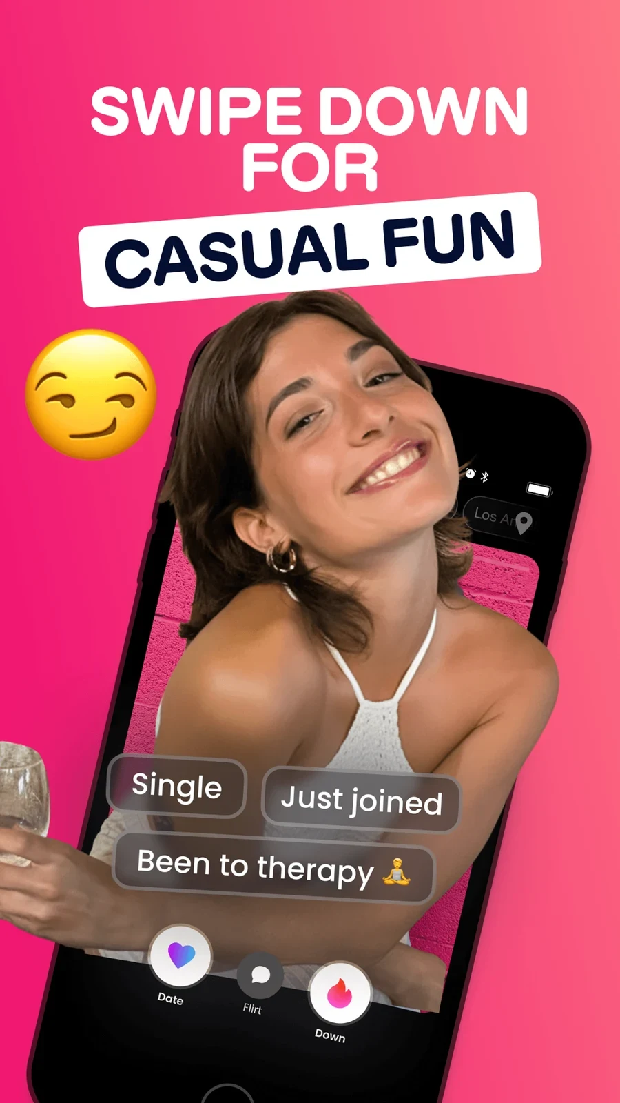 DOWN: The Casual Dating App, panel 4: A profile and swipe instruction show a possible interaction.