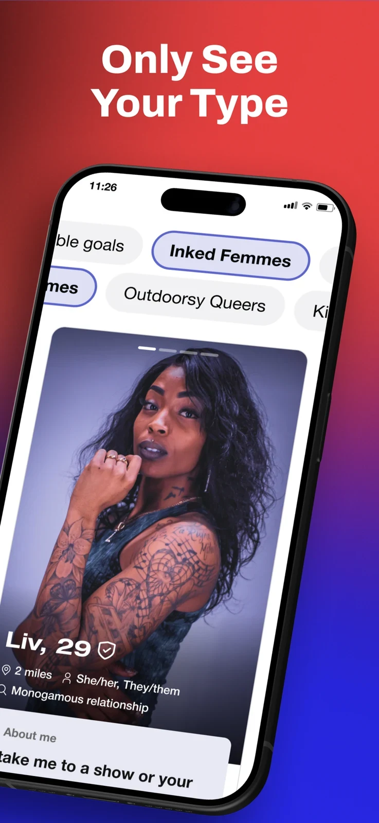 HER, panel 2: A profile card combines an identity-related filter, pronouns and relationship information.
