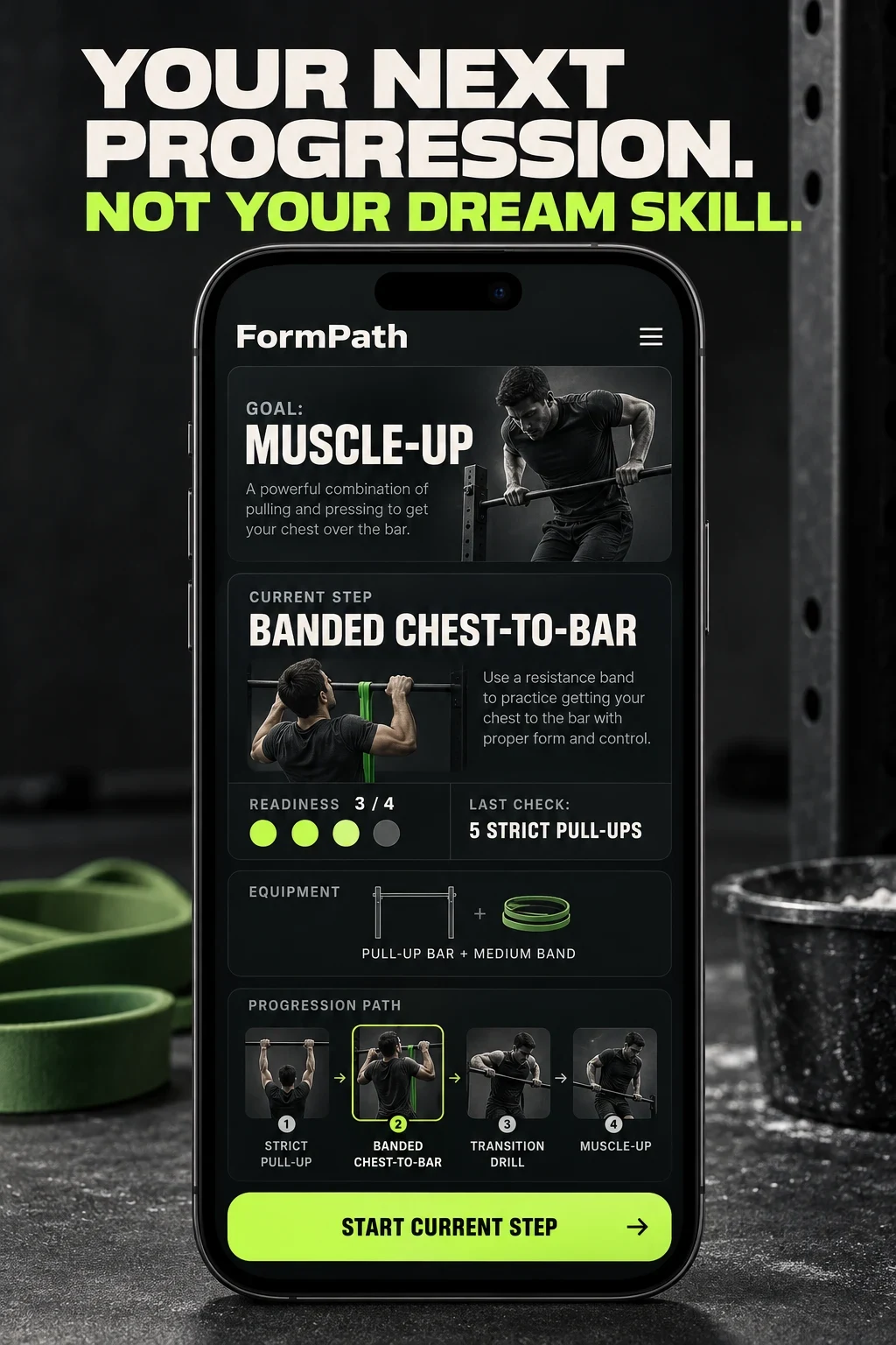 Fictional FormPath concept showing a muscle-up goal, current progression, readiness, equipment and four-step path