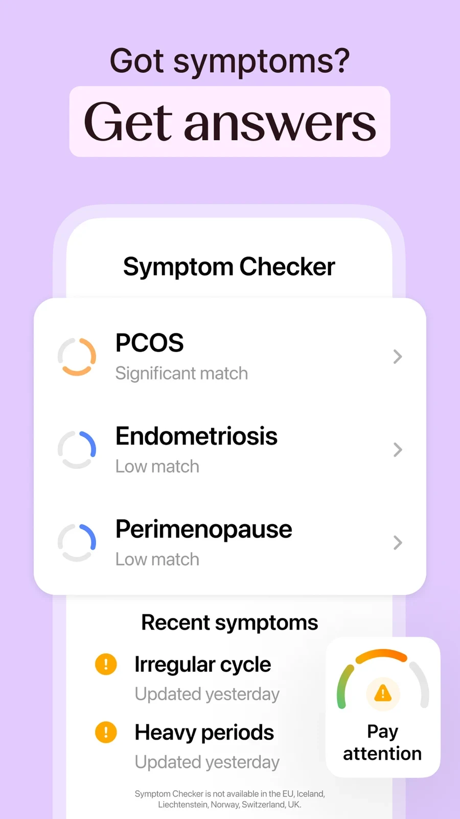 Flo: symptom matching panel with regional availability note