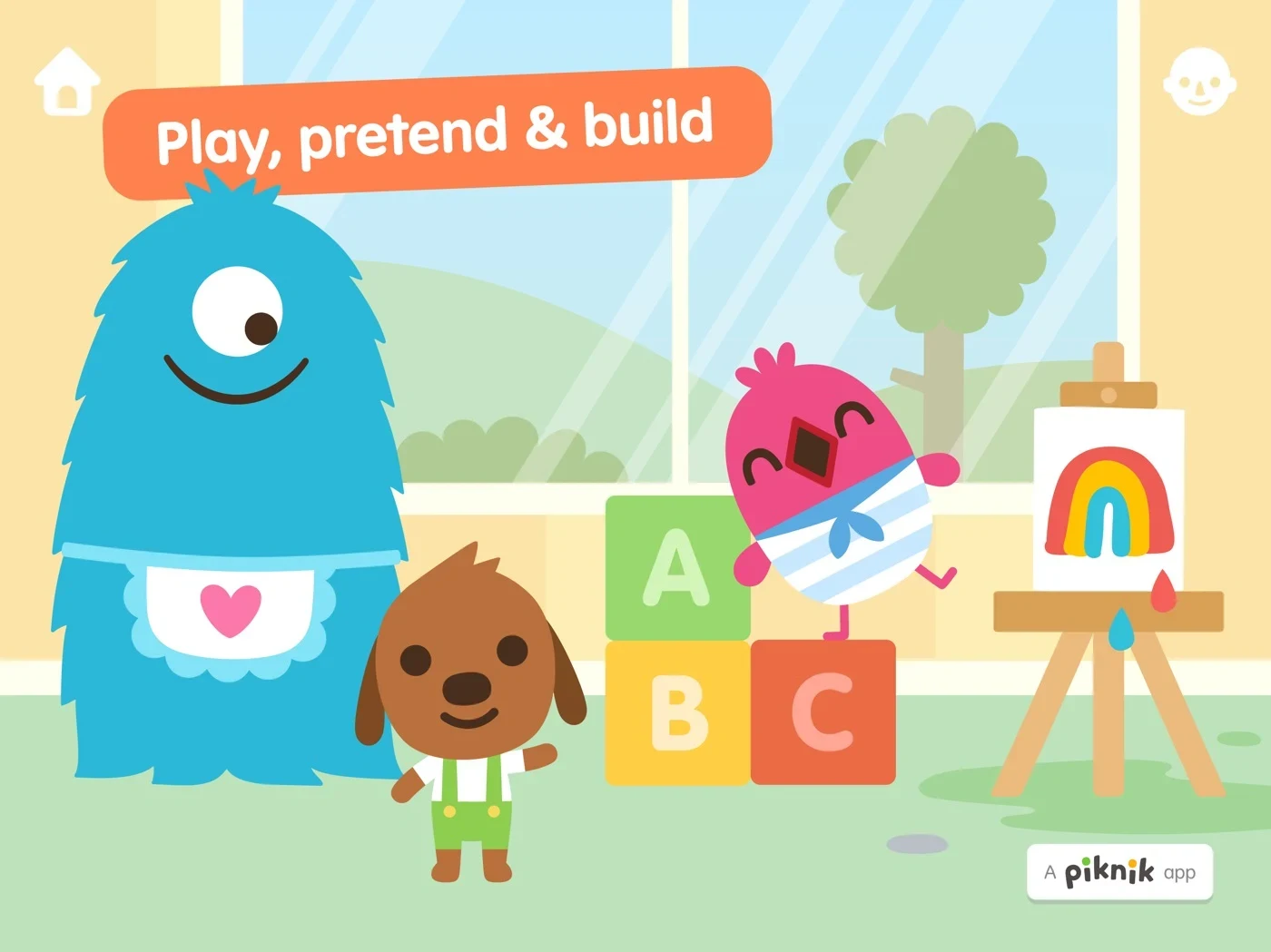 Sago Mini World: Kids Games, panel 1: Characters introduce pretend play and building.