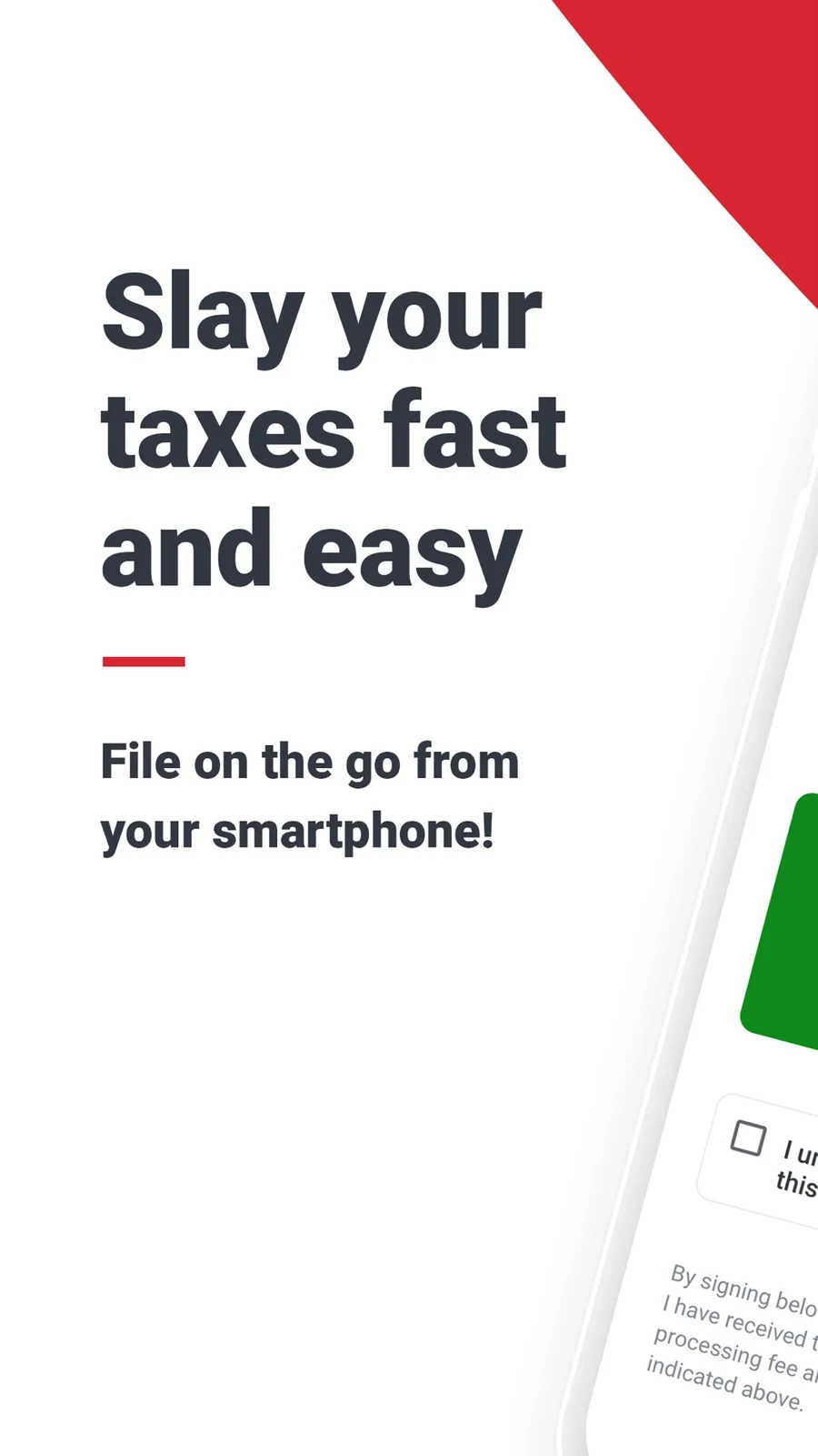 TaxSlayer, panel 1: A headline emphasizes quick mobile filing while the interface is cropped.