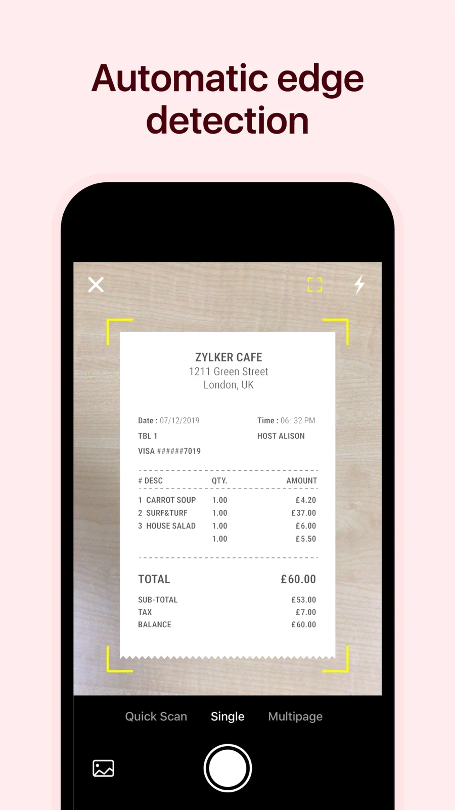 Zoho Expense: receipt camera view with highlighted paper edges