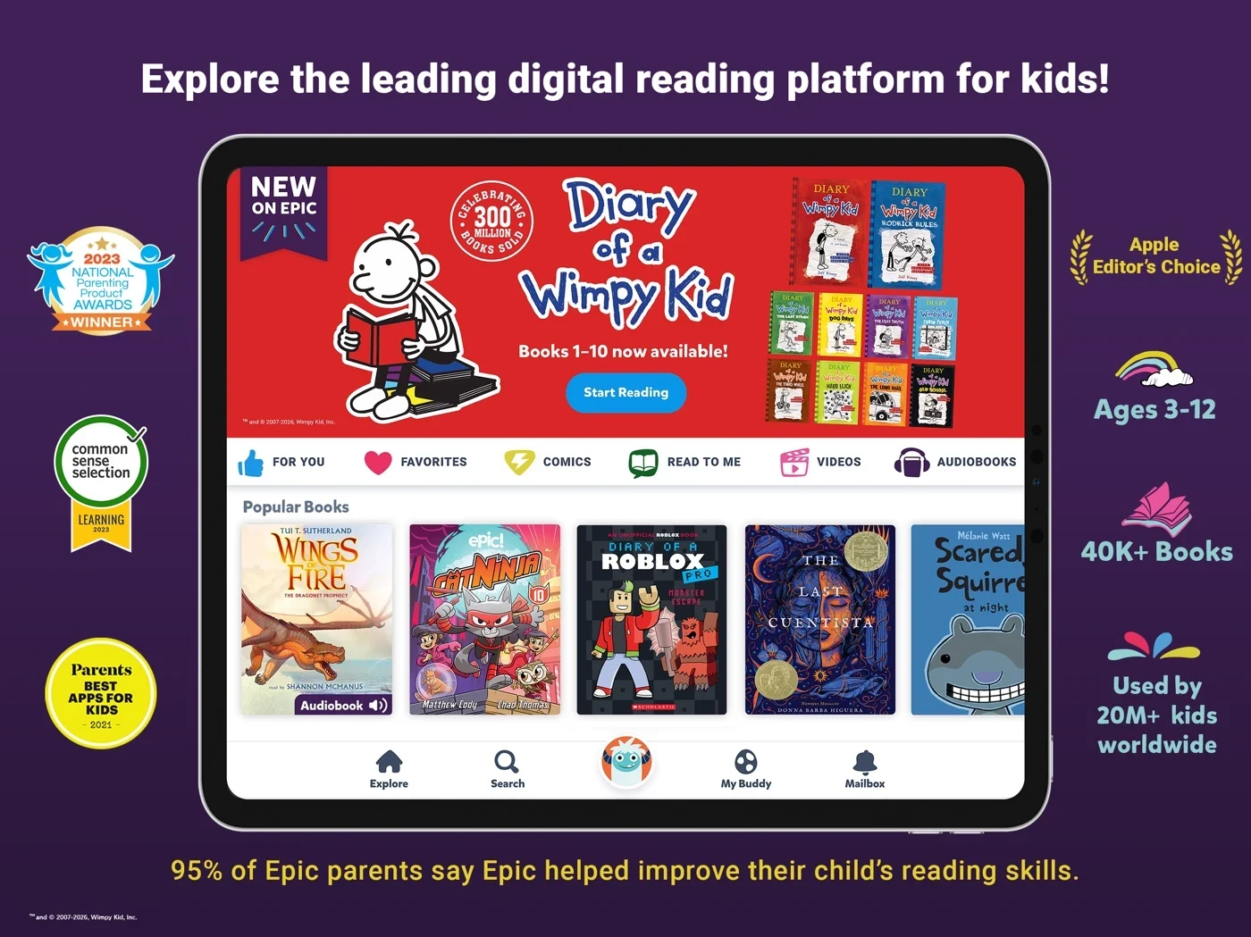 Epic - Kids' Books & Reading, panel 1: A library screen appears with several publisher claims.