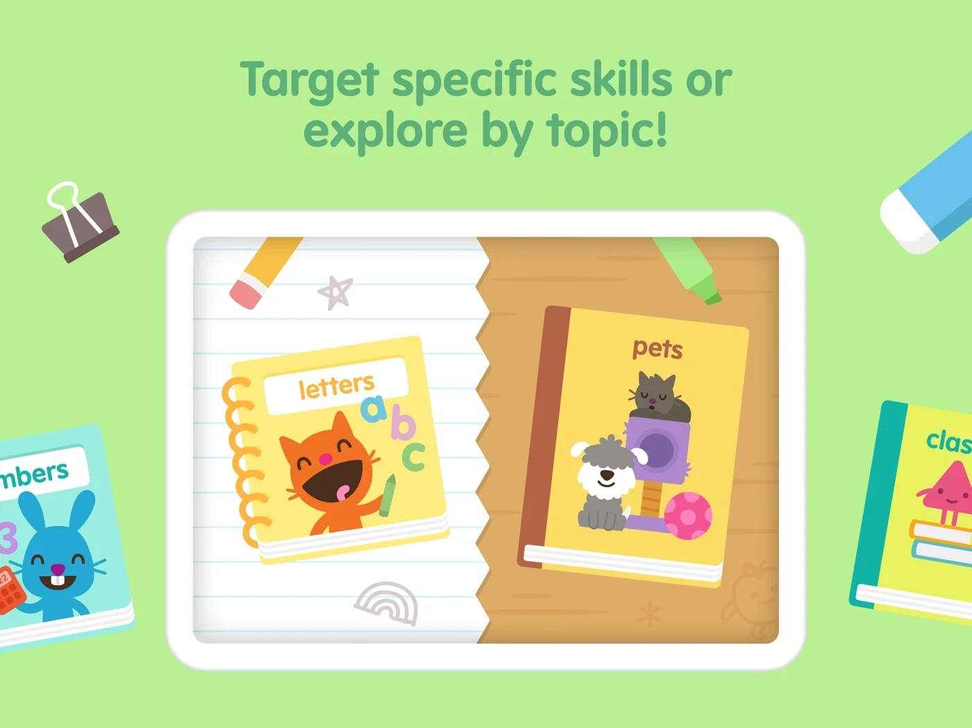 Sago Mini School Toddler Games, panel 2: A topic selection screen includes letters and pets.
