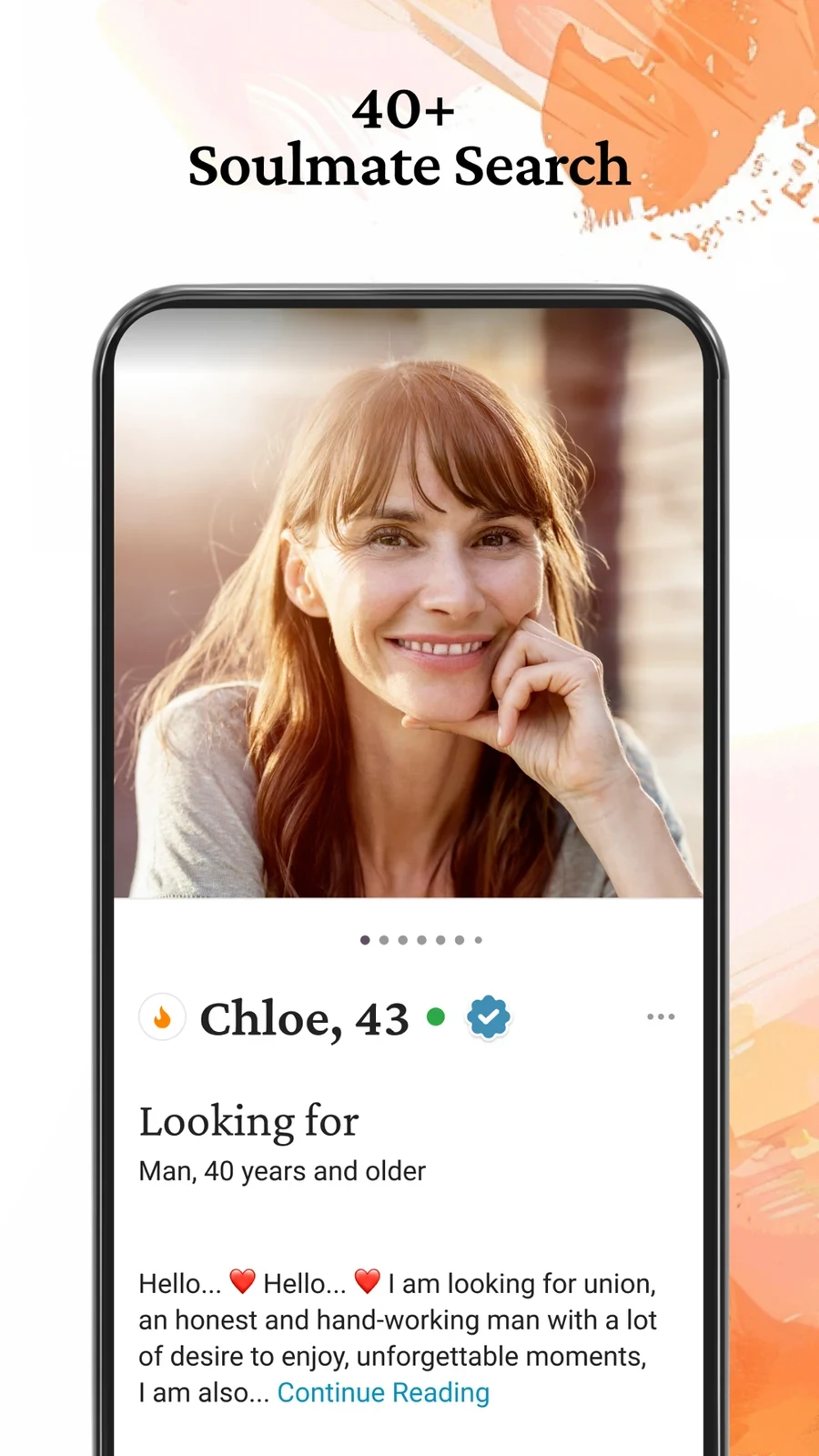 DateMyAge Mature Connections, panel 3: An age-oriented profile shows a relationship goal.