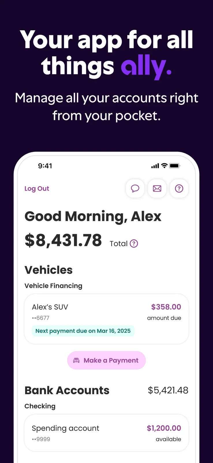 Ally, panel 1: The overview places vehicle and bank account information together.