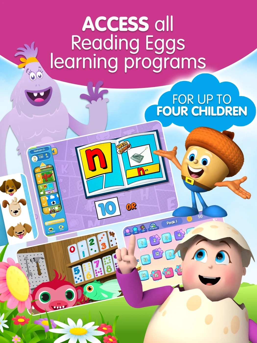 Reading Eggs - Learn to Read, panel 3: Several programs appear with an access claim.