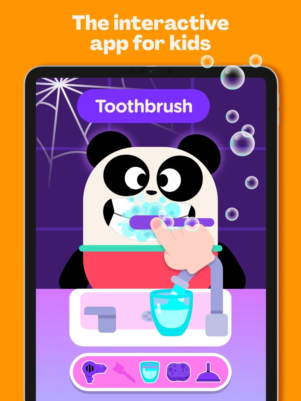 Lingokids: Games & Shows, panel 1: A hand illustrates a toothbrush activity.
