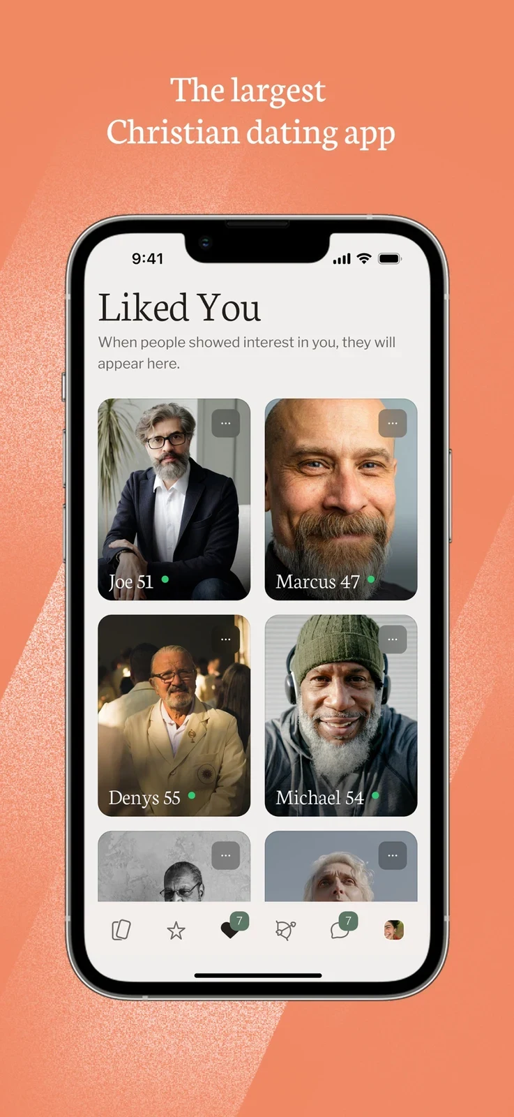 Christian Mingle - Dating App, panel 3: A likes grid with an unverified largest-app claim.