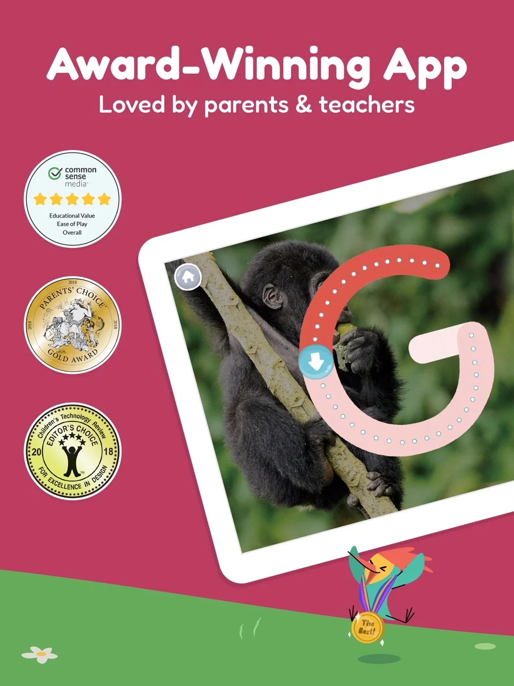 Khan Academy Kids, panel 4: Award logos accompany a tracing activity.
