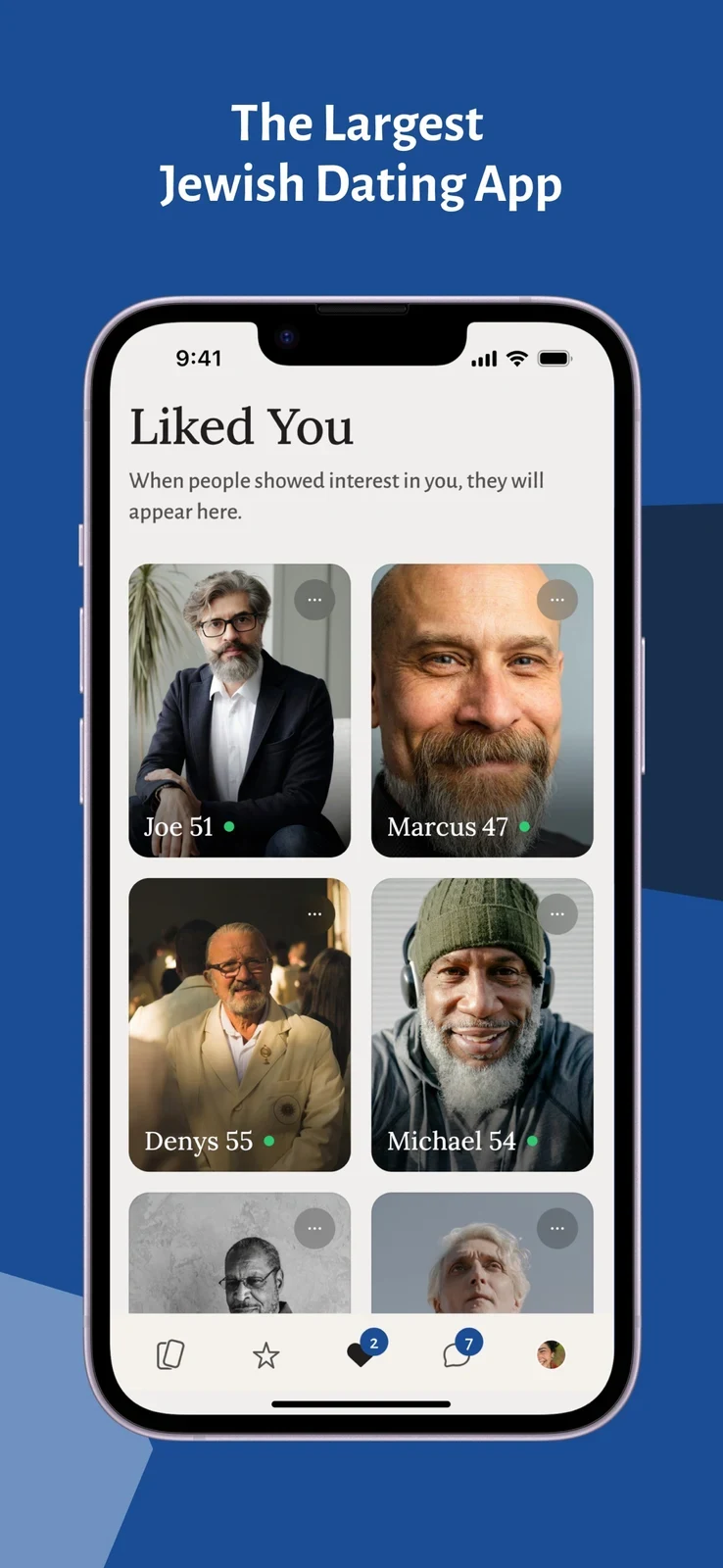 Jdate: Jewish Dating App, panel 3: A likes grid carries an unverified largest-app claim.