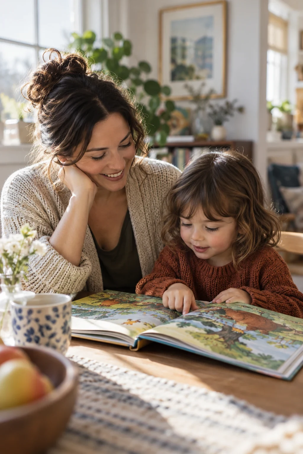 A caregiver and child reading a picture book
