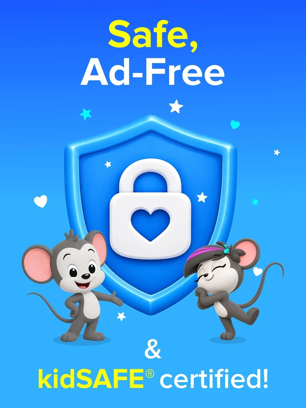 ABCmouse: Kids Learning Games, panel 4: A shield accompanies safe and ad-free claims.