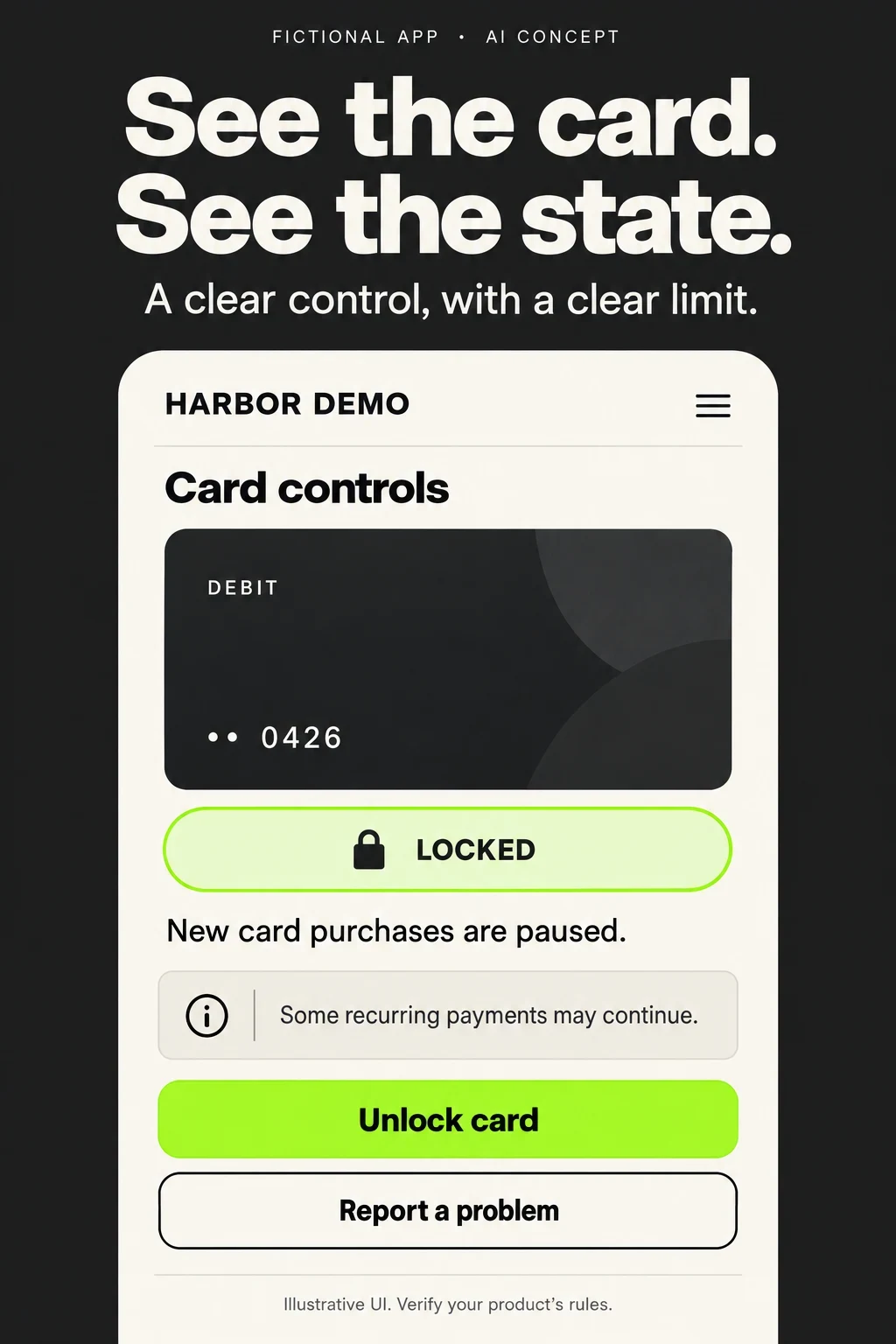 Fictional Harbor Demo AI concept with an identified debit card, locked state and separate problem-reporting action