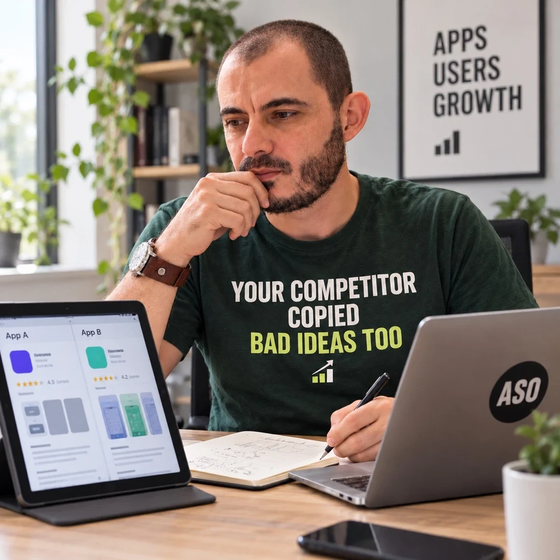 Gabriel Machuret reviewing app research and localization decisions at work