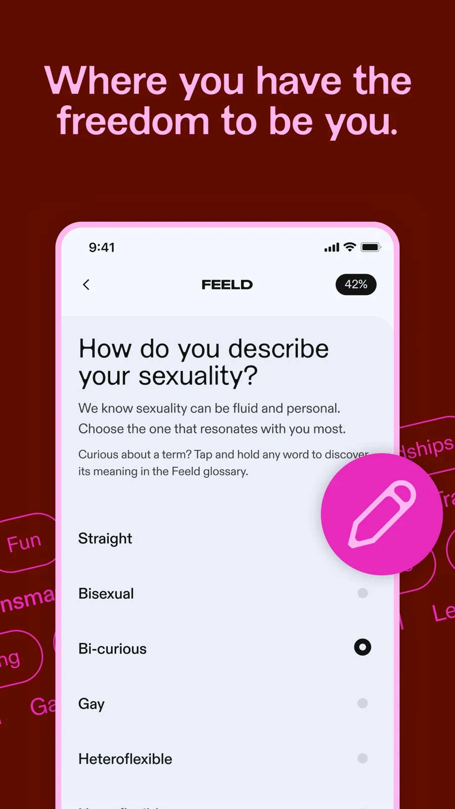 Feeld: Open & Curious Dating, panel 3: An identity selection screen mentions a glossary.