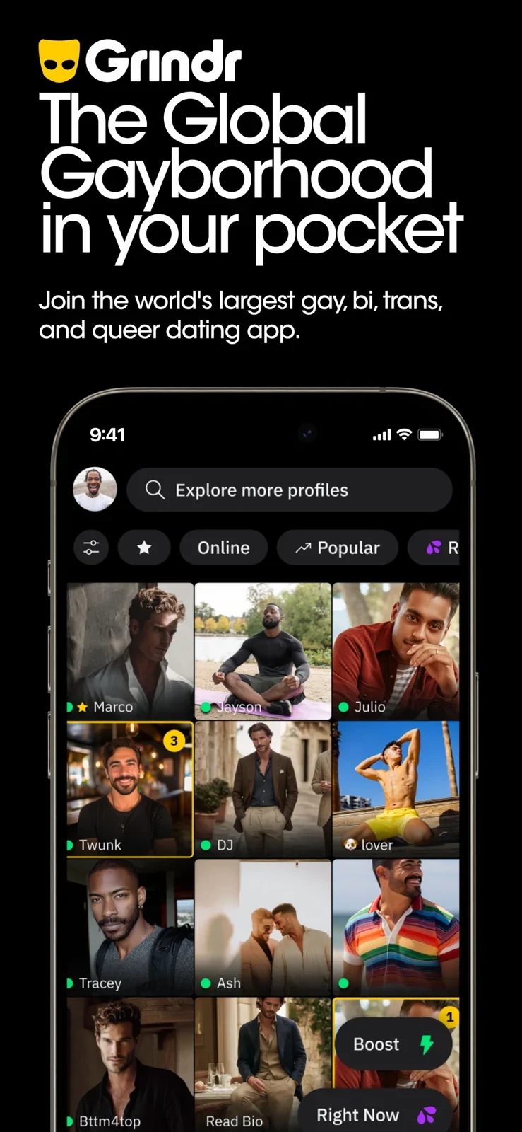 Grindr, panel 1: A profile grid introduces the app’s LGBTQ community and discovery model.