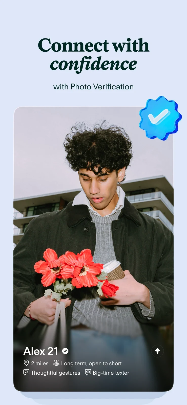 Tinder, panel 4: A profile and large badge highlight photo verification.