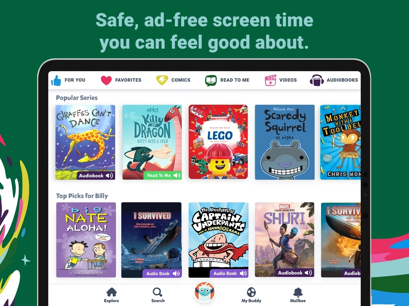 Epic - Kids' Books & Reading, panel 4: A library screen carries safe and ad-free claims.
