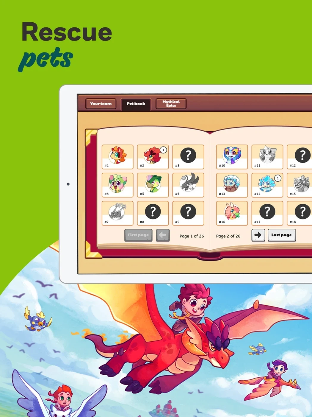 Prodigy Math Game, panel 3: A pet collection illustrates rewards.