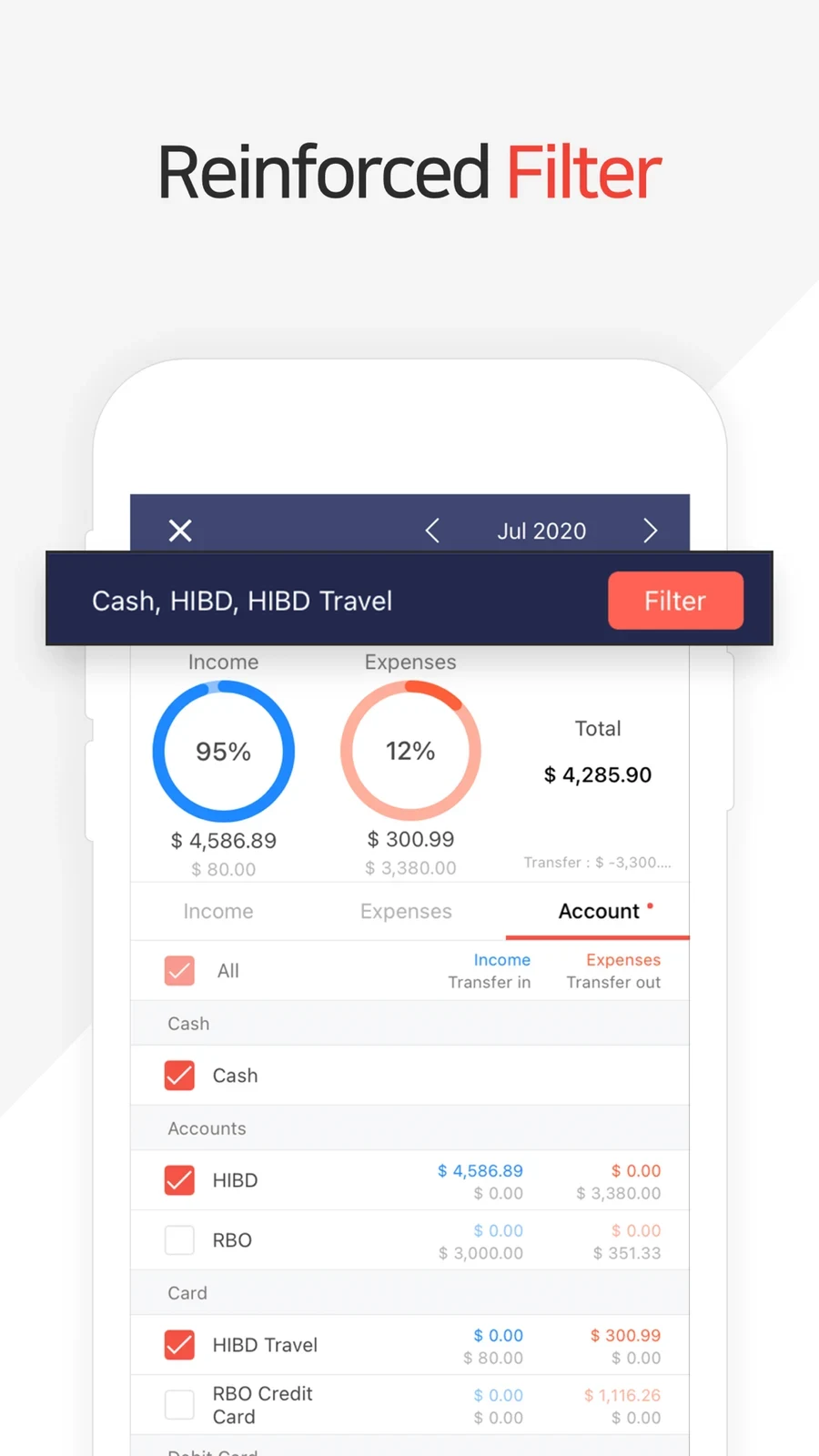 Money Manager: selected-account filter enlarged above income and expense totals