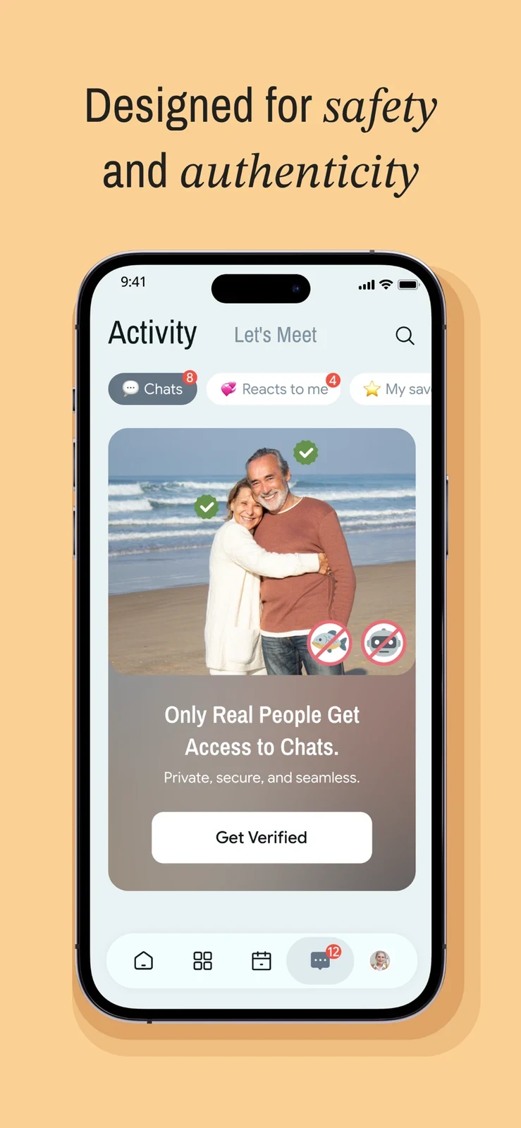 SilverSingles®: 50+ Dating, panel 4: Verification and safety language appears prominently.
