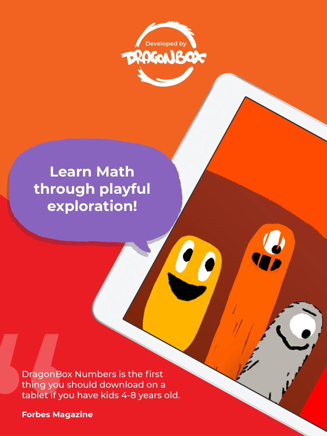 Kahoot! Numbers by DragonBox, panel 1: Characters accompany a publisher-attributed review.