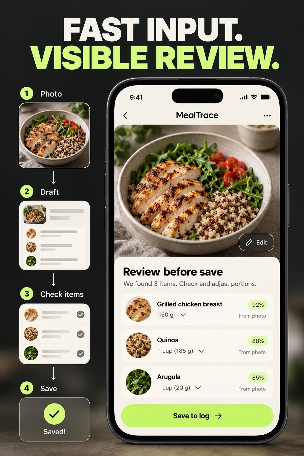 Fictional MealTrace review-before-save concept