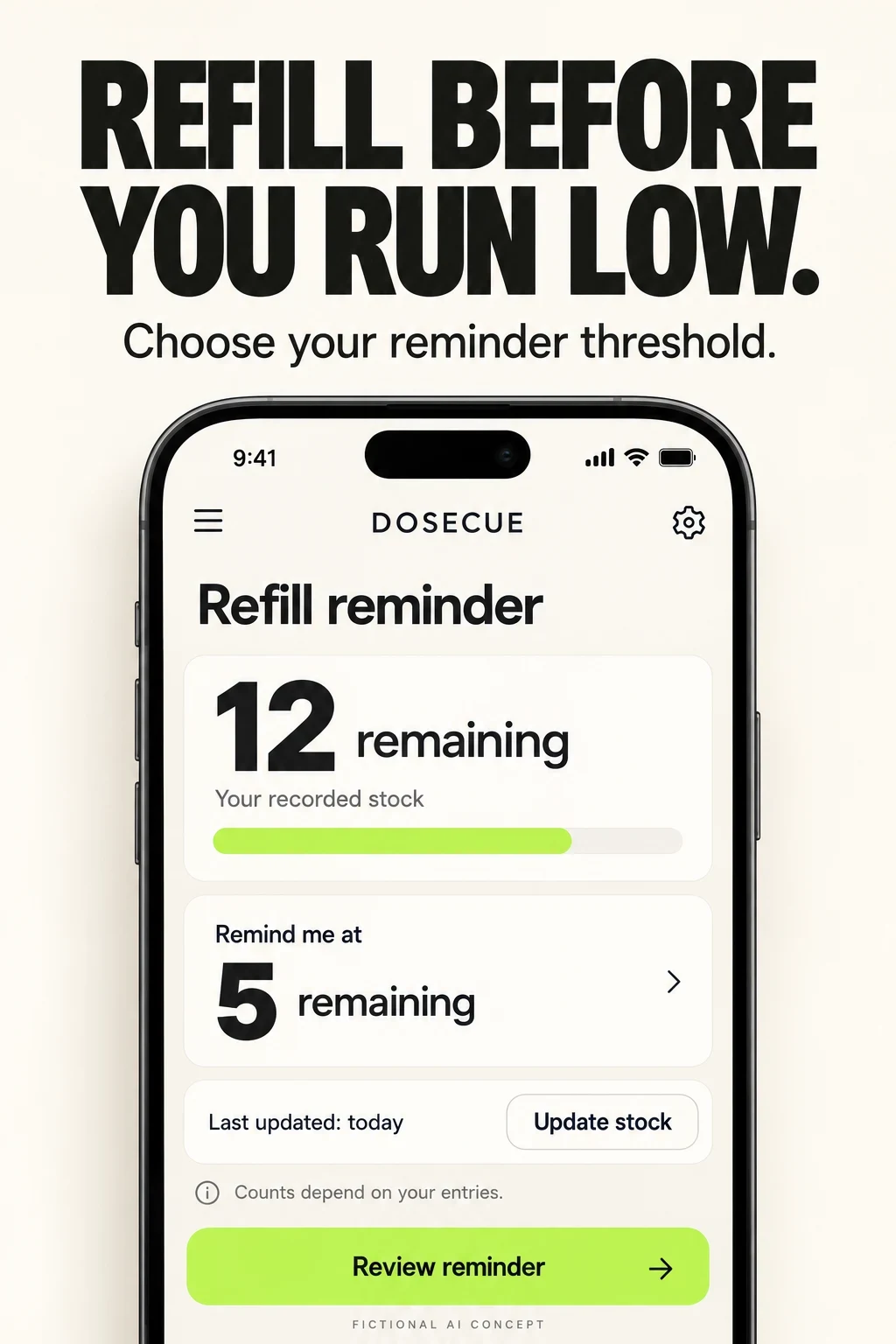 AI DoseCue refill concept with fictional stock of 12 and reminder threshold of 5