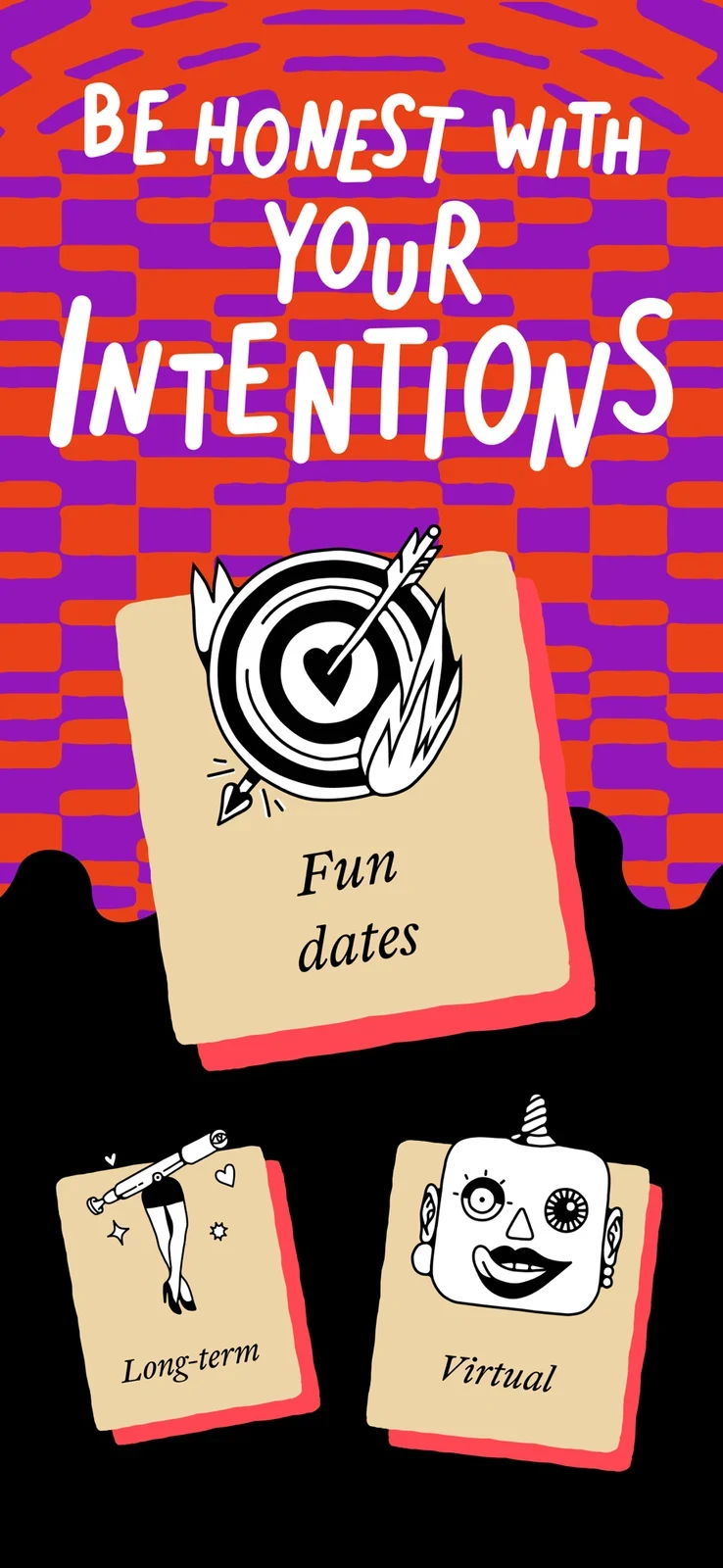 PURE: Open-Minded Dating App, panel 3: Illustrated cards contrast fun dates, long-term and virtual intentions.
