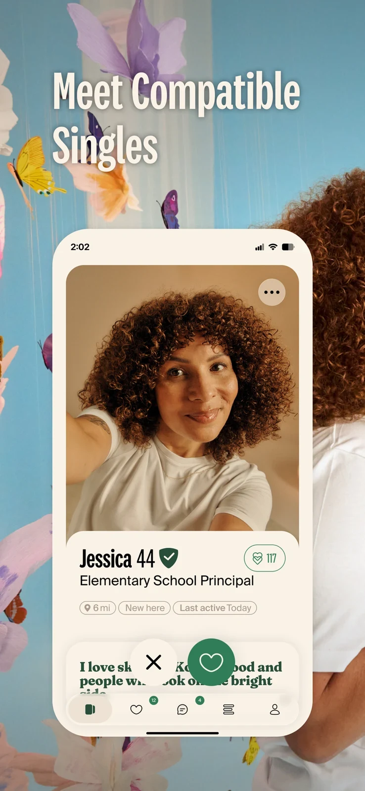 eharmony: dating & real love, panel 2: A profile accompanies a compatibility headline.