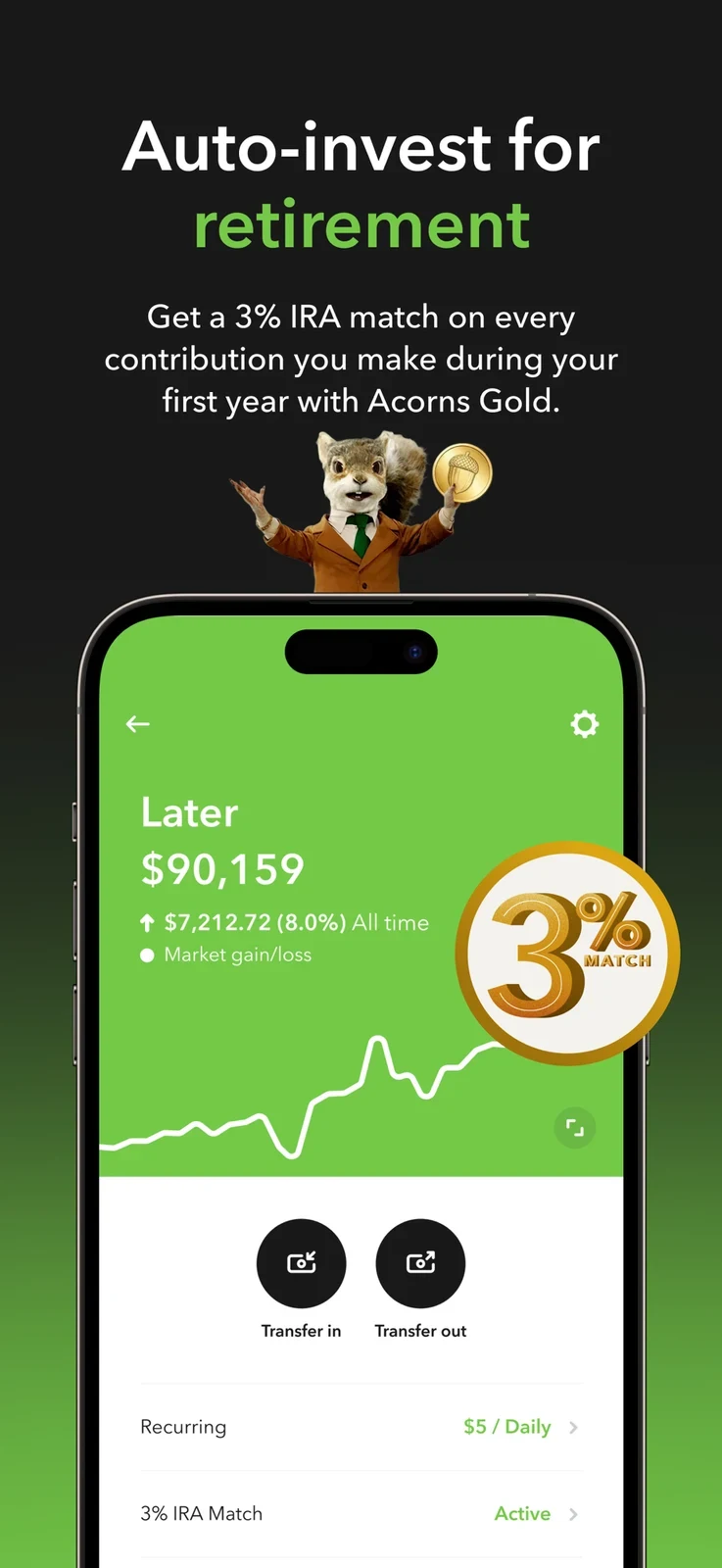 Acorns, panel 3: A retirement panel combines account UI with a conditional matching offer.