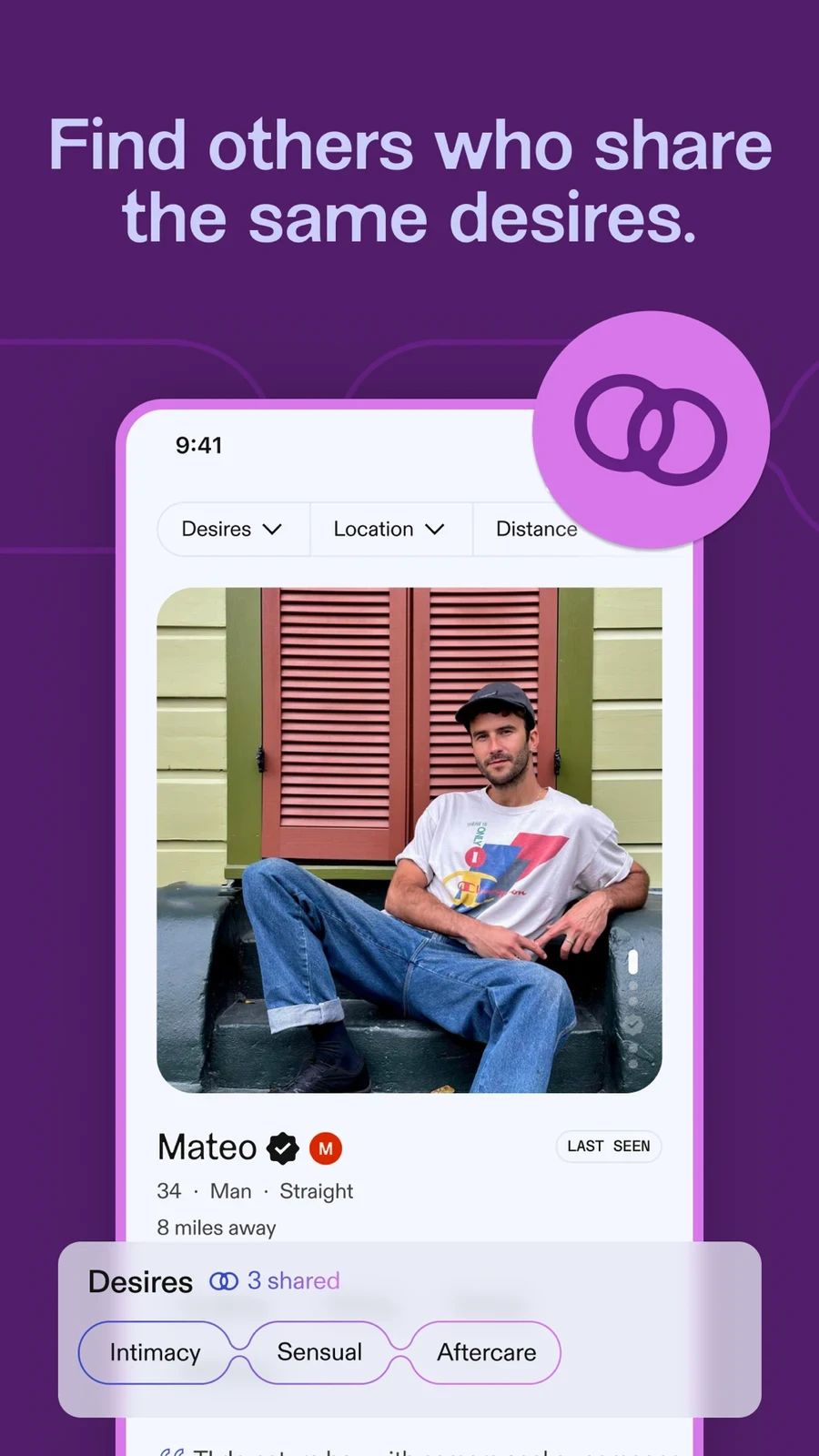 Feeld: Open & Curious Dating, panel 2: A profile shows shared interests and location filters.