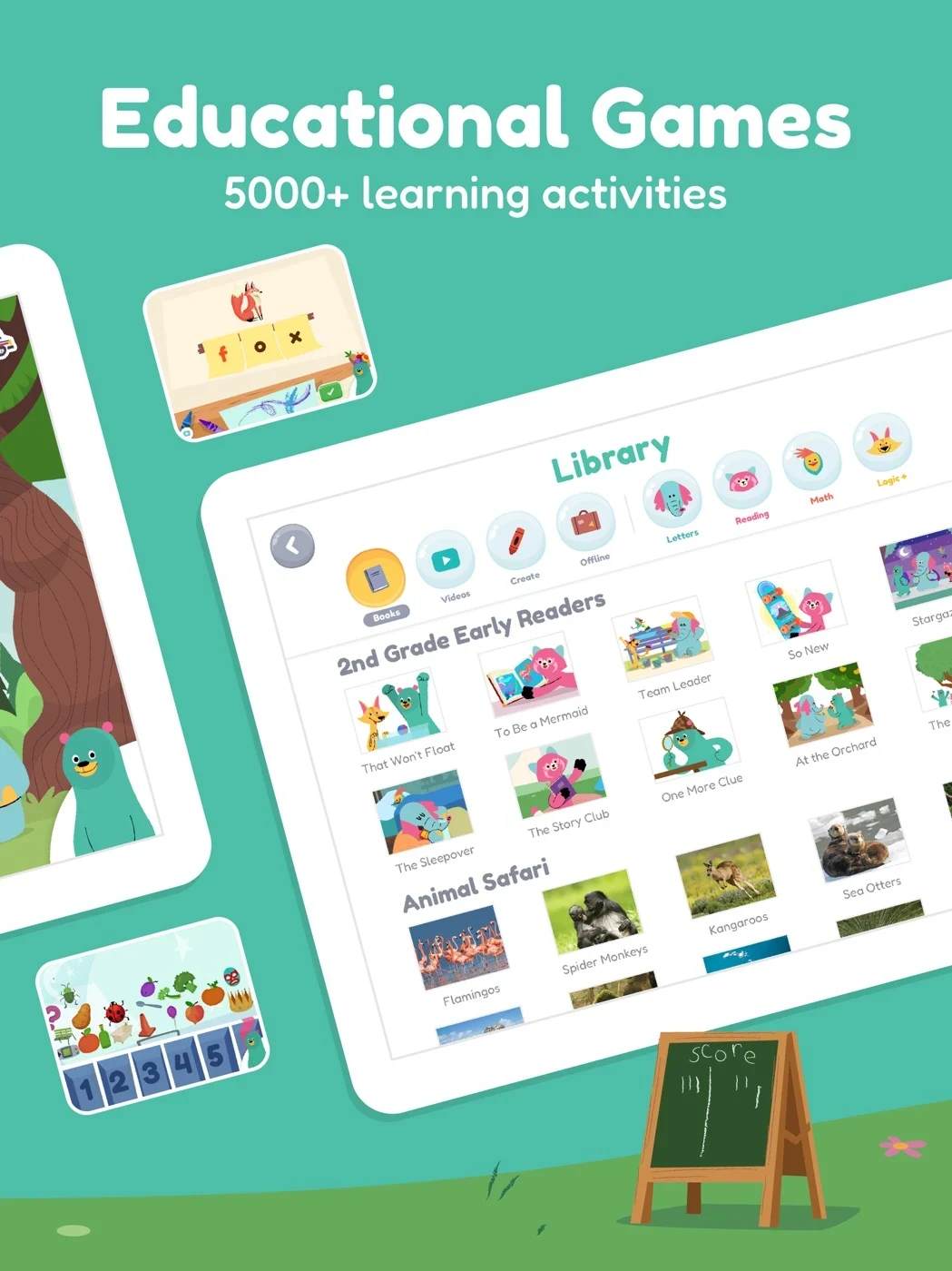 Khan Academy Kids, panel 2: A library shows subject categories and an activity-count claim.