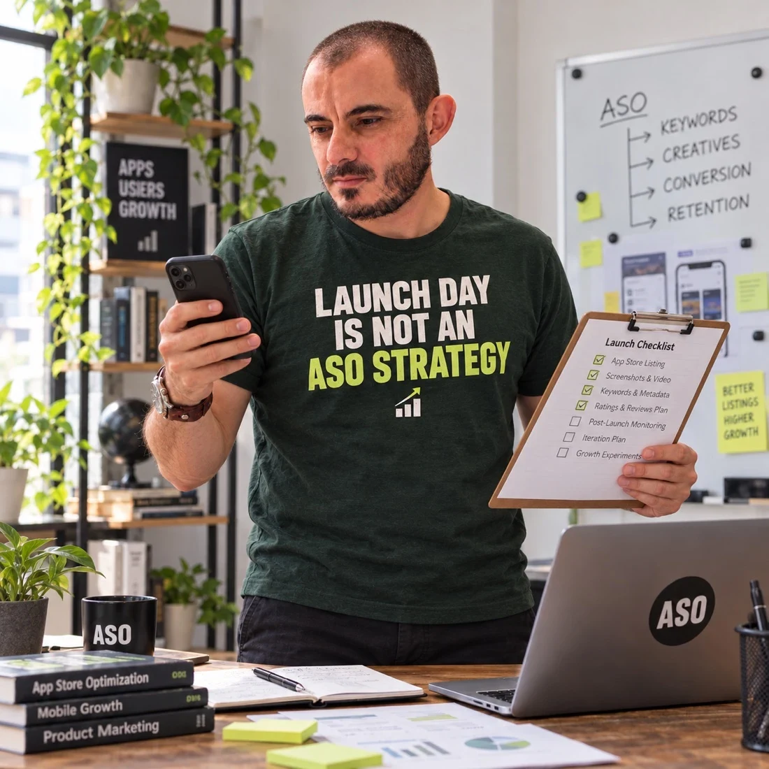 Gabriel preparing an app listing launch at his desk